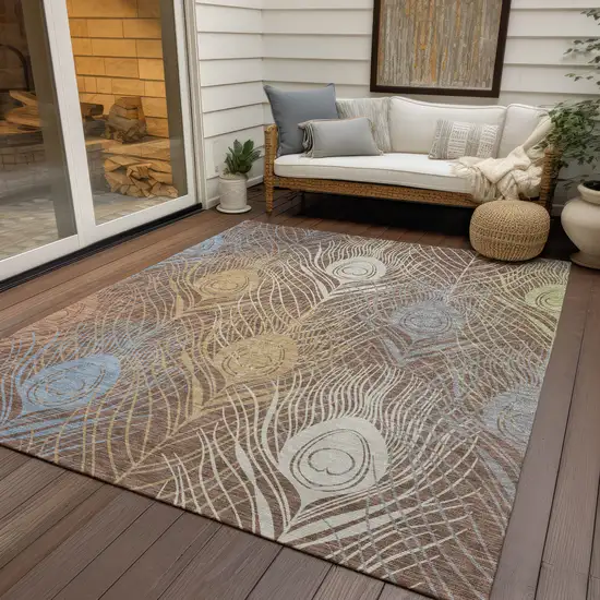 Brown Blue And Gold Floral Washable Indoor Outdoor Area Rug Photo 9