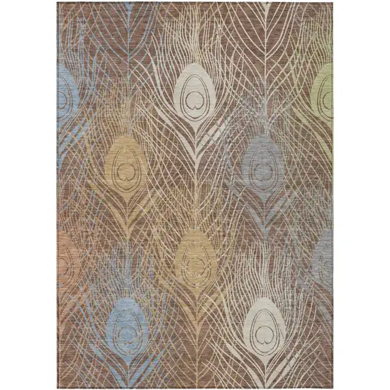 Brown Blue And Gold Floral Washable Indoor Outdoor Area Rug Photo 4