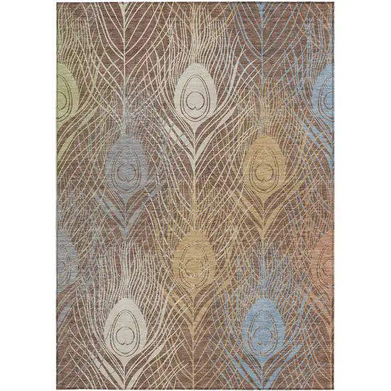 Brown Blue And Gold Floral Washable Indoor Outdoor Area Rug Photo 5