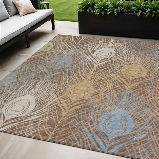 Brown Blue And Gold Floral Washable Indoor Outdoor Area Rug Photo 1