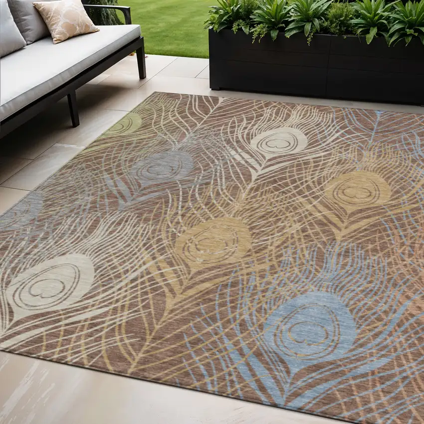 Brown Blue And Gold Floral Washable Indoor Outdoor Area Rug Photo 1