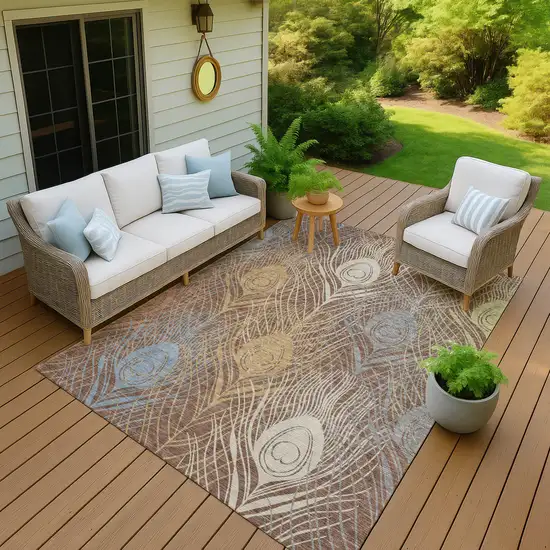 Brown Blue And Gold Floral Washable Indoor Outdoor Area Rug Photo 8