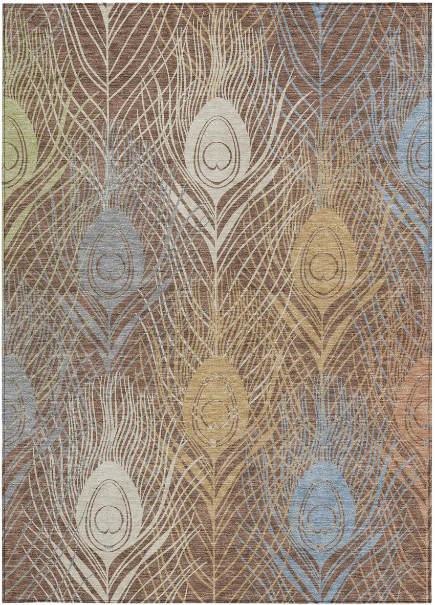 Brown Blue And Gold Floral Washable Indoor Outdoor Area Rug Photo 2
