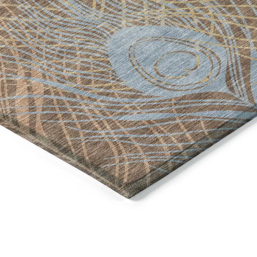 Brown Blue And Gold Floral Washable Indoor Outdoor Area Rug Photo 7