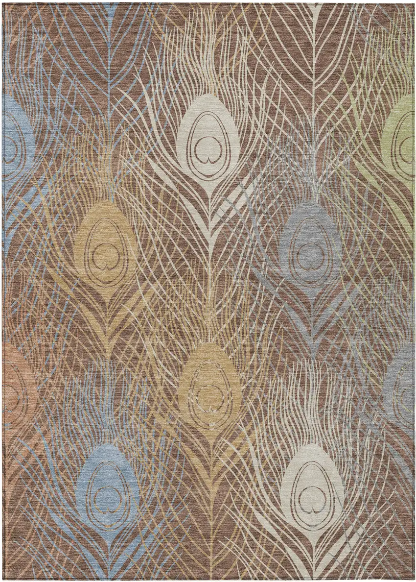 Brown Blue And Gold Floral Washable Indoor Outdoor Area Rug Photo 4