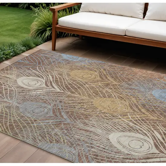 Brown Blue And Gold Floral Washable Indoor Outdoor Area Rug Photo 1