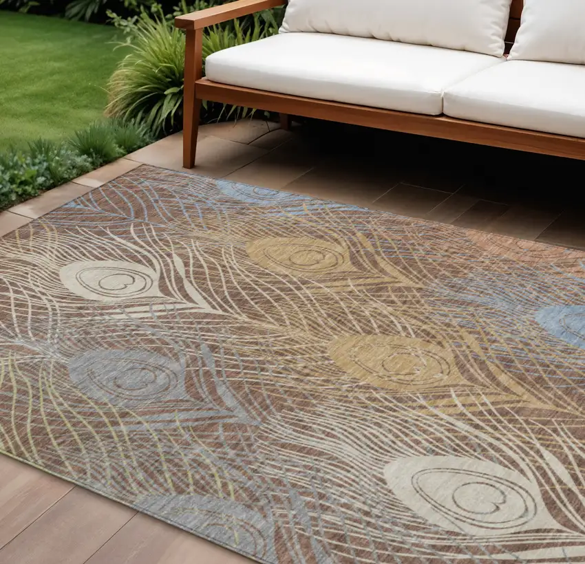 Brown Blue And Gold Floral Washable Indoor Outdoor Area Rug Photo 1
