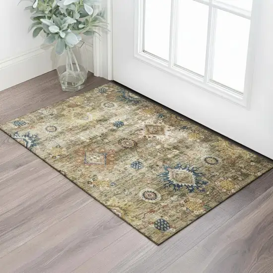 Brown Blue And Gold Oriental Washable Area Rug With UV Protection Photo 2