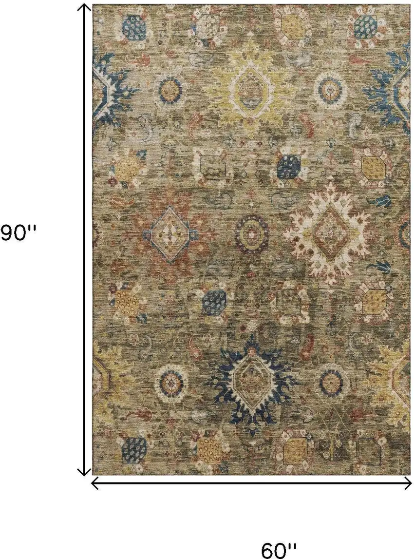 Brown Blue And Gold Oriental Washable Area Rug With UV Protection Photo 9