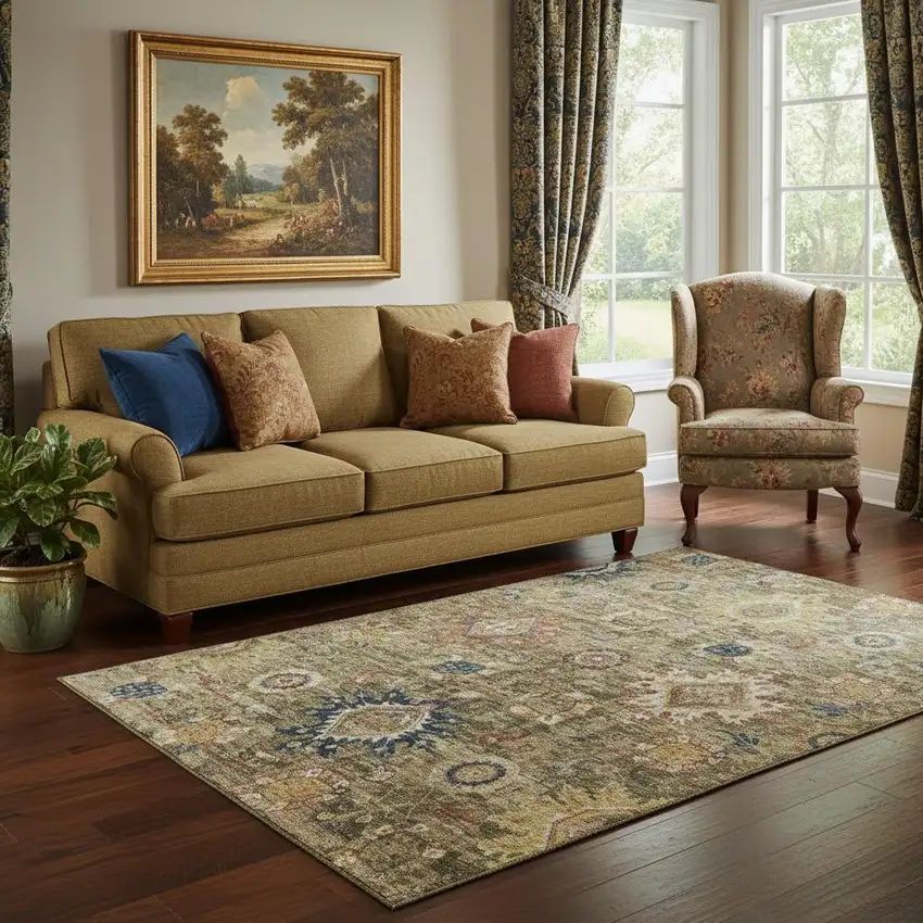 Brown Blue And Gold Oriental Washable Area Rug With UV Protection Photo 2