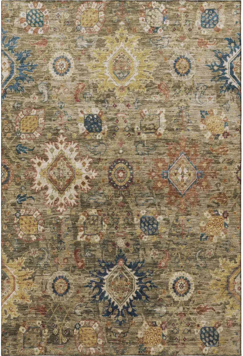 Brown Blue And Gold Oriental Washable Area Rug With UV Protection Photo 3