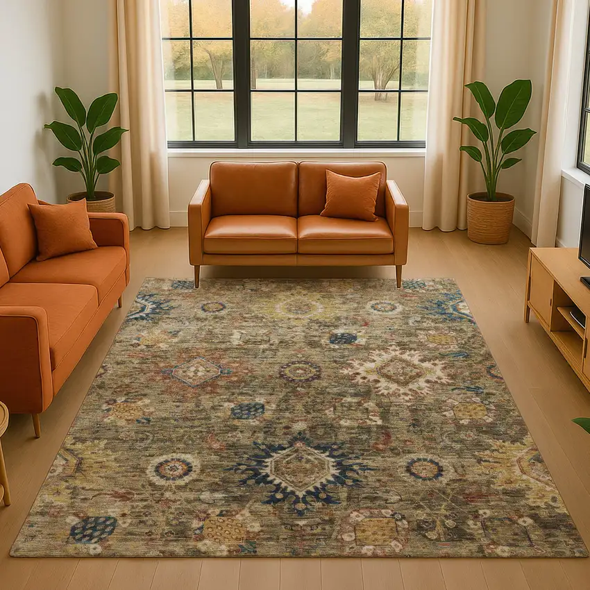 Brown Blue And Gold Oriental Washable Area Rug With UV Protection Photo 5