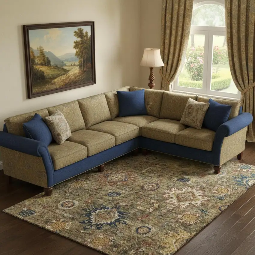 Brown Blue And Gold Oriental Washable Area Rug With UV Protection Photo 2