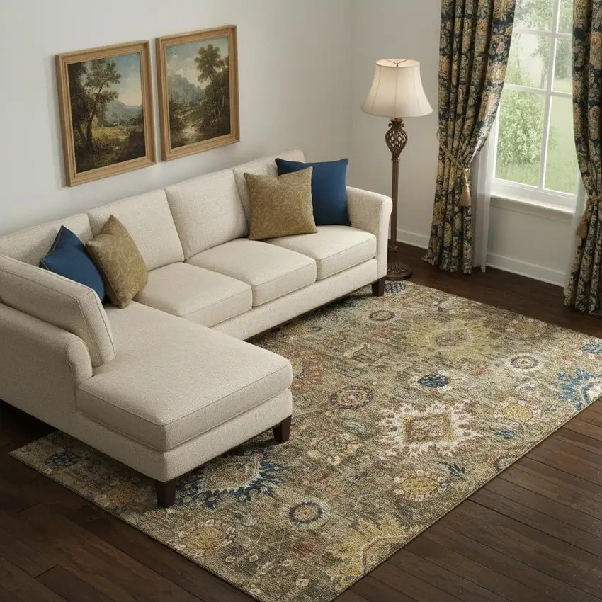 Brown Blue And Gold Oriental Washable Area Rug With UV Protection Photo 2