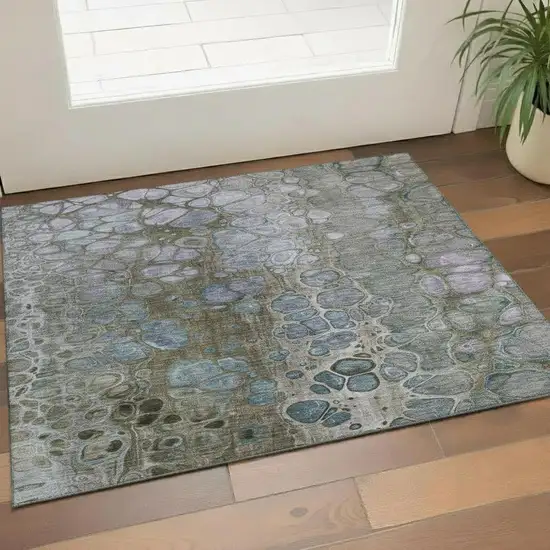 Brown Blue And Gray Abstract Washable Area Rug With UV Protection Photo 2