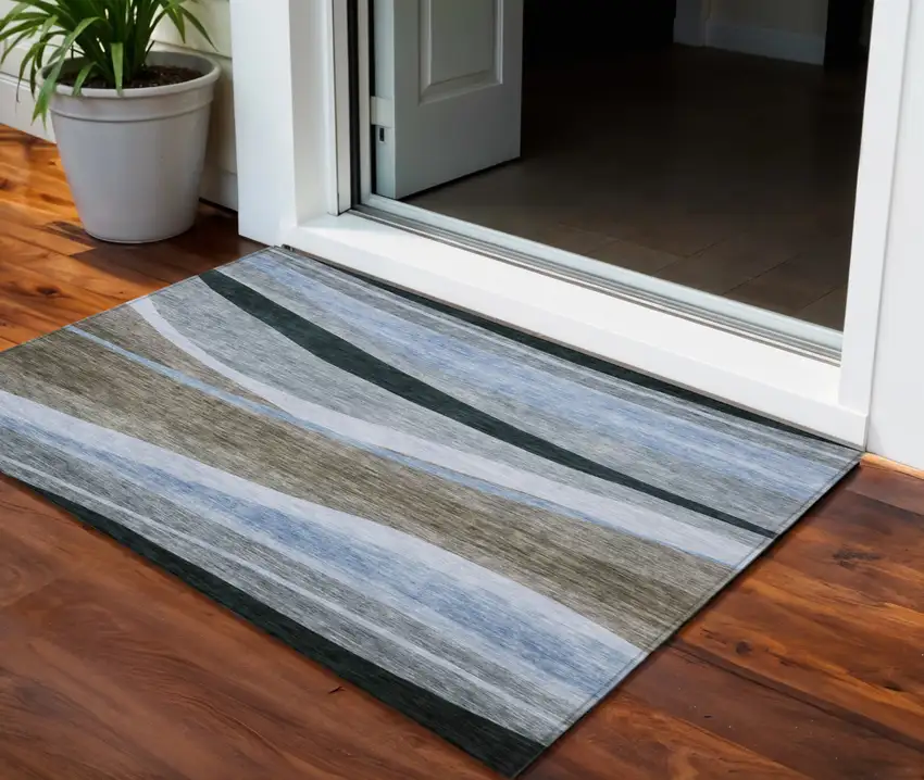 Brown Blue And Gray Abstract Washable Indoor Outdoor Area Rug Photo 1