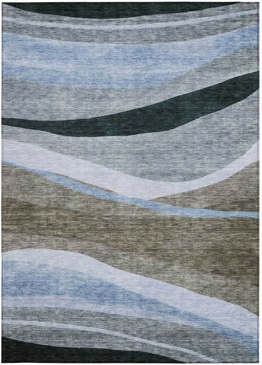 Brown Blue And Gray Abstract Washable Indoor Outdoor Area Rug Photo 6