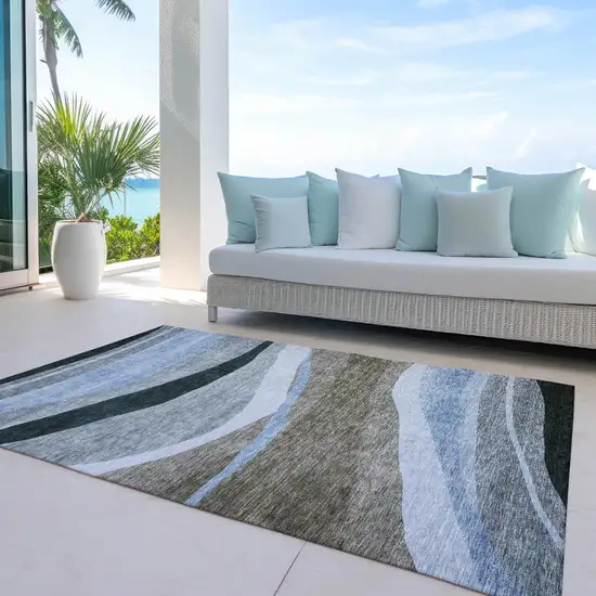 Brown Blue And Gray Abstract Washable Indoor Outdoor Area Rug Photo 7