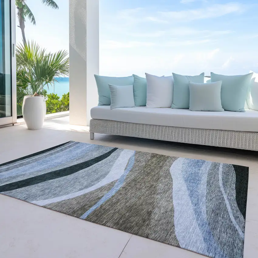 Brown Blue And Gray Abstract Washable Indoor Outdoor Area Rug Photo 7