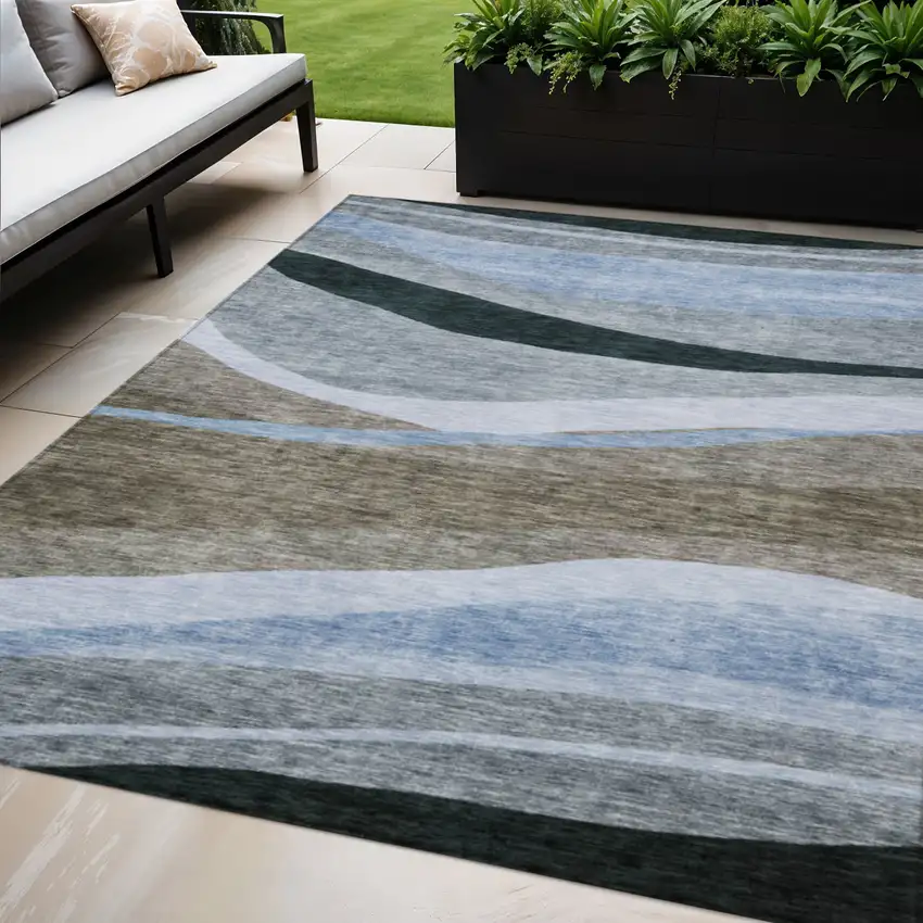 Brown Blue And Gray Abstract Washable Indoor Outdoor Area Rug Photo 1