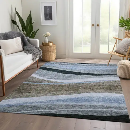Brown Blue And Gray Abstract Washable Indoor Outdoor Area Rug Photo 9