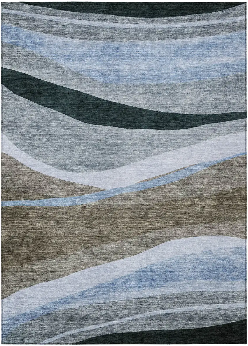 Brown Blue And Gray Abstract Washable Indoor Outdoor Area Rug Photo 2