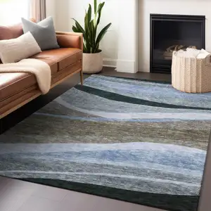 Photo of Brown Blue And Gray Abstract Washable Indoor Outdoor Area Rug