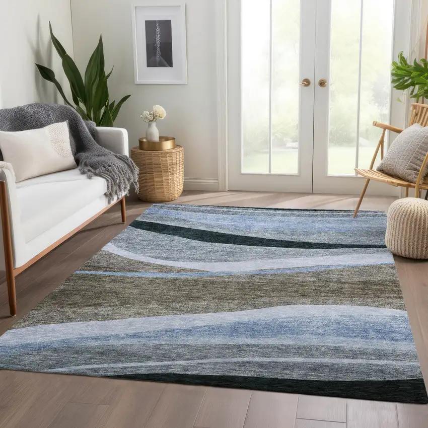Brown Blue And Gray Abstract Washable Indoor Outdoor Area Rug Photo 9