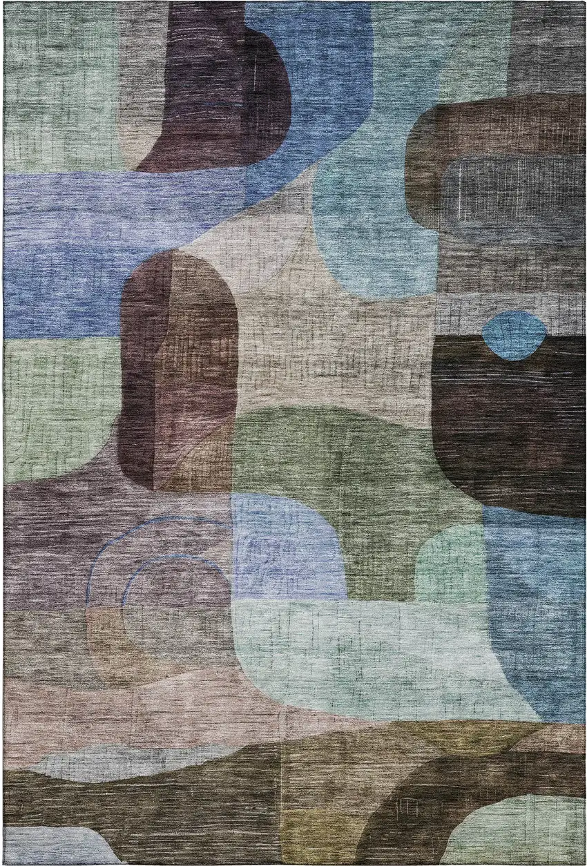 Brown Blue And Green Abstract Geometric Washable Area Rug With UV Protection Photo 6