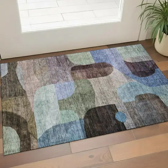 Brown Blue And Green Abstract Geometric Washable Area Rug With UV Protection Photo 1