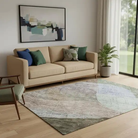 Brown Blue And Green Abstract Geometric Washable Area Rug With UV Protection Photo 2