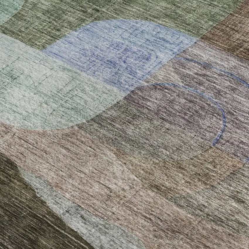 Brown Blue And Green Abstract Geometric Washable Area Rug With UV Protection Photo 3