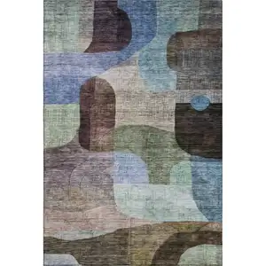 Photo of Brown Blue And Green Abstract Geometric Washable Area Rug With UV Protection