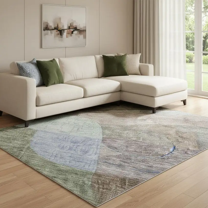 Brown Blue And Green Abstract Geometric Washable Area Rug With UV Protection Photo 2