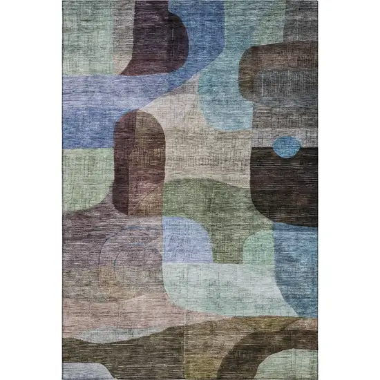 Brown Blue And Green Abstract Geometric Washable Area Rug With UV Protection Photo 6