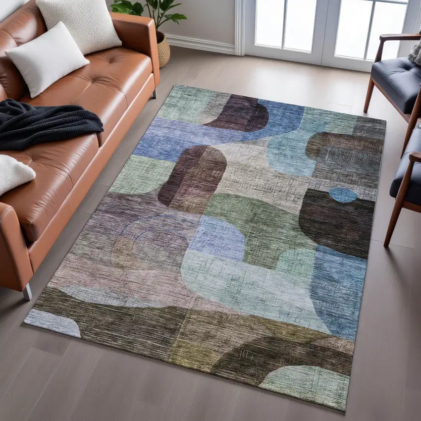 Brown Blue And Green Abstract Geometric Washable Area Rug With UV Protection Photo 4