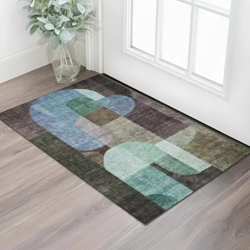 Brown Blue And Green Abstract Geometric Washable Area Rug With UV Protection Photo 2