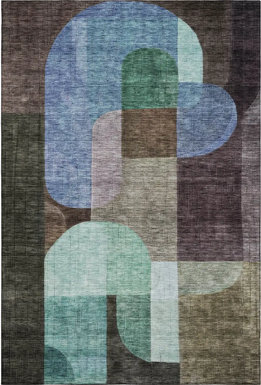 Brown Blue And Green Abstract Geometric Washable Area Rug With UV Protection Photo 1