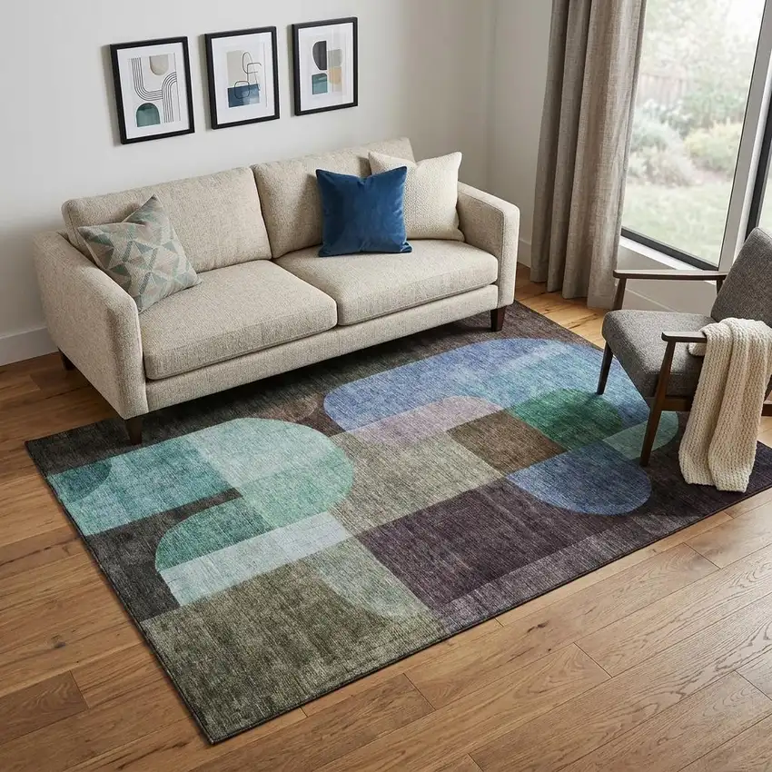 Brown Blue And Green Abstract Geometric Washable Area Rug With UV Protection Photo 1