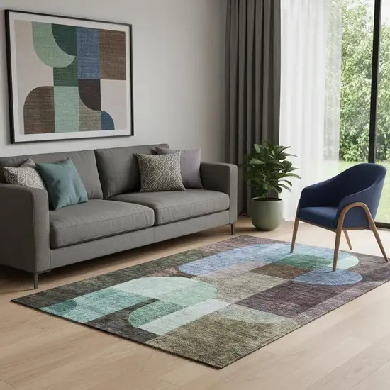 Brown Blue And Green Abstract Geometric Washable Area Rug With UV Protection Photo 2