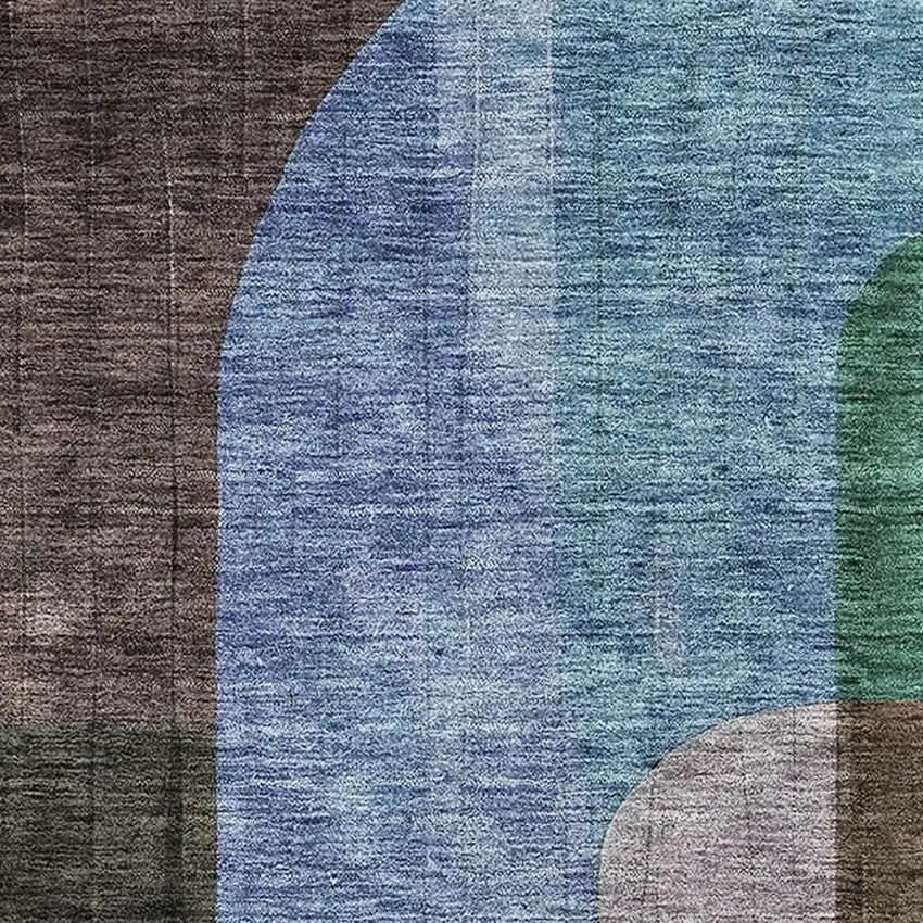 Brown Blue And Green Abstract Geometric Washable Area Rug With UV Protection Photo 2