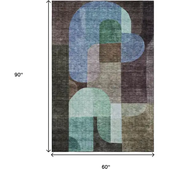 Brown Blue And Green Abstract Geometric Washable Area Rug With UV Protection Photo 8