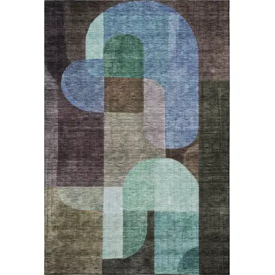Brown Blue And Green Abstract Geometric Washable Area Rug With UV Protection Photo 3