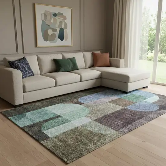Brown Blue And Green Abstract Geometric Washable Area Rug With UV Protection Photo 2