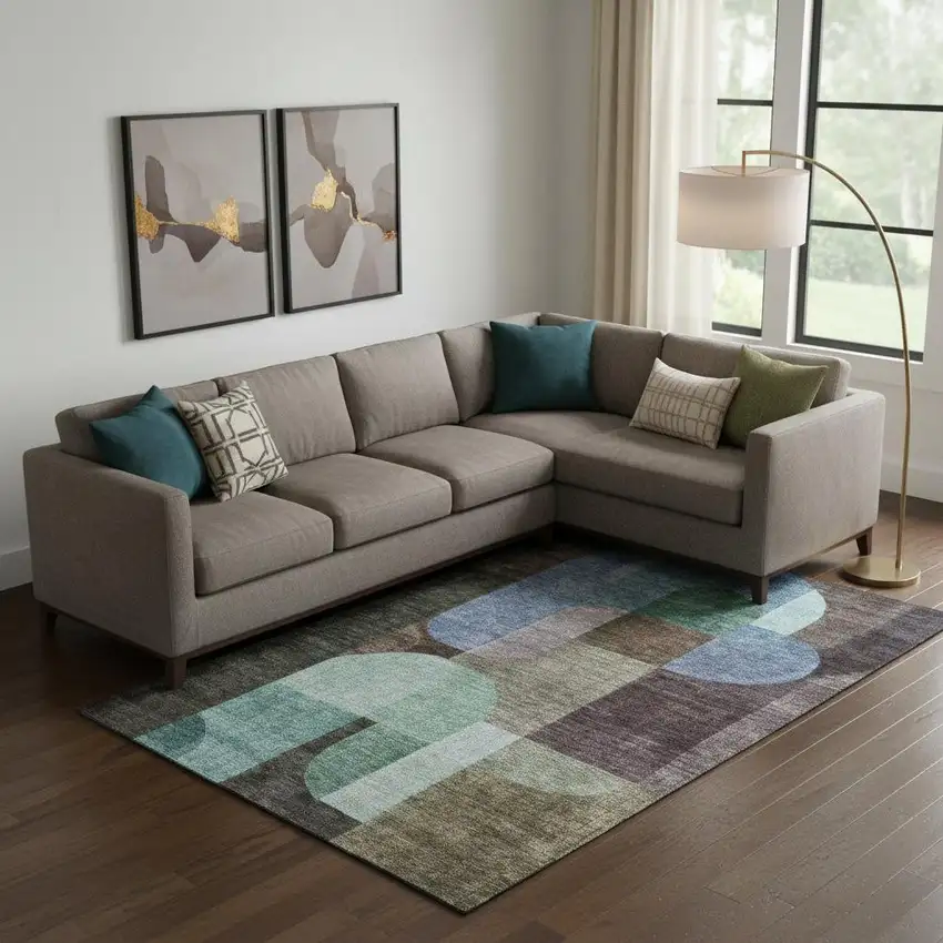 Brown Blue And Green Abstract Geometric Washable Area Rug With UV Protection Photo 2