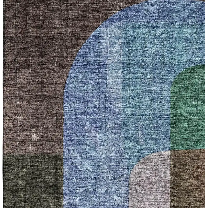 Brown Blue And Green Abstract Geometric Washable Area Rug With UV Protection Photo 3