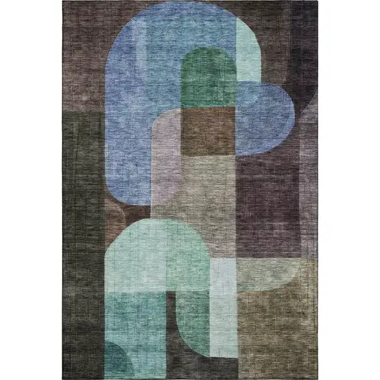 Brown Blue And Green Abstract Geometric Washable Area Rug With UV Protection Photo 1
