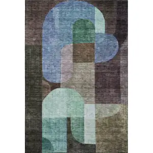 Photo of Brown Blue And Green Abstract Geometric Washable Area Rug With UV Protection