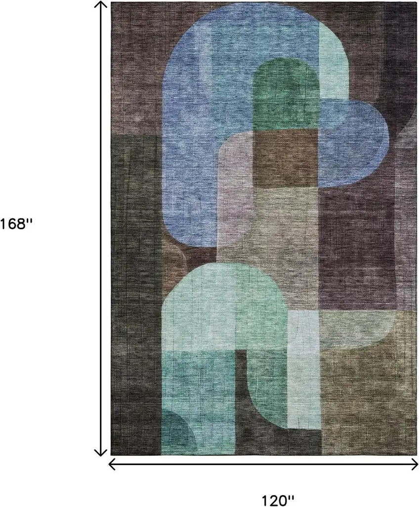 Brown Blue And Green Abstract Geometric Washable Area Rug With UV Protection Photo 9