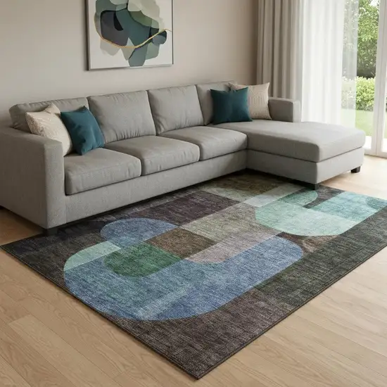 Brown Blue And Green Abstract Geometric Washable Area Rug With UV Protection Photo 2
